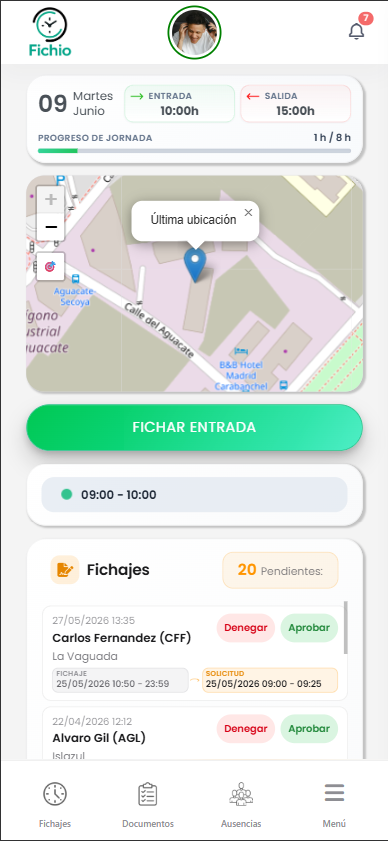 Captura de fichaje en la app Fichio